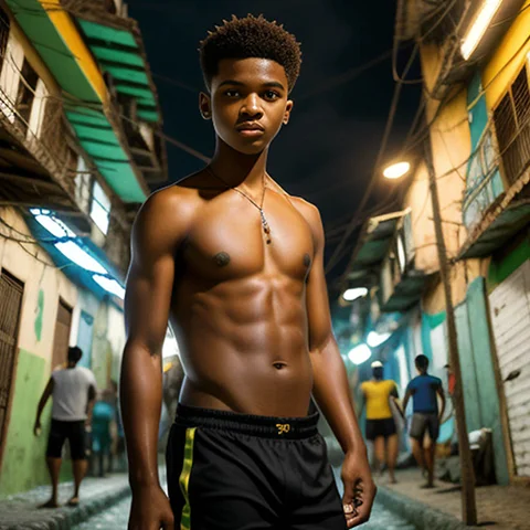 Jovem negro periférico com favela ao fundo criado com IA